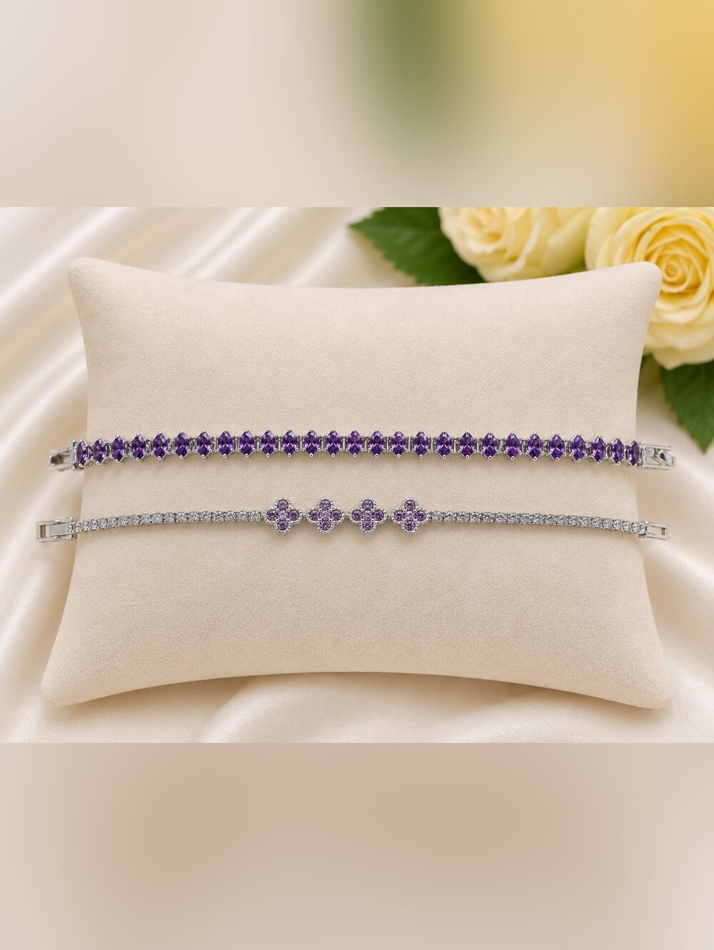💜 Purple Tennis Bracelet & Clover Bracelet Set